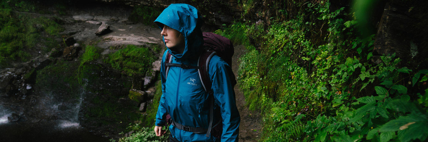 women hiking in waterproof jacket